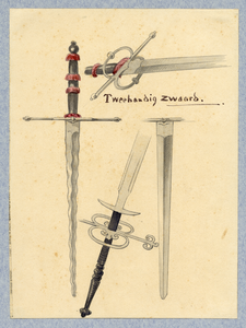 32814 Afbeelding van een tweehandig zwaard met drie details daarvan, een attribuut van de maskerade van de studenten ...